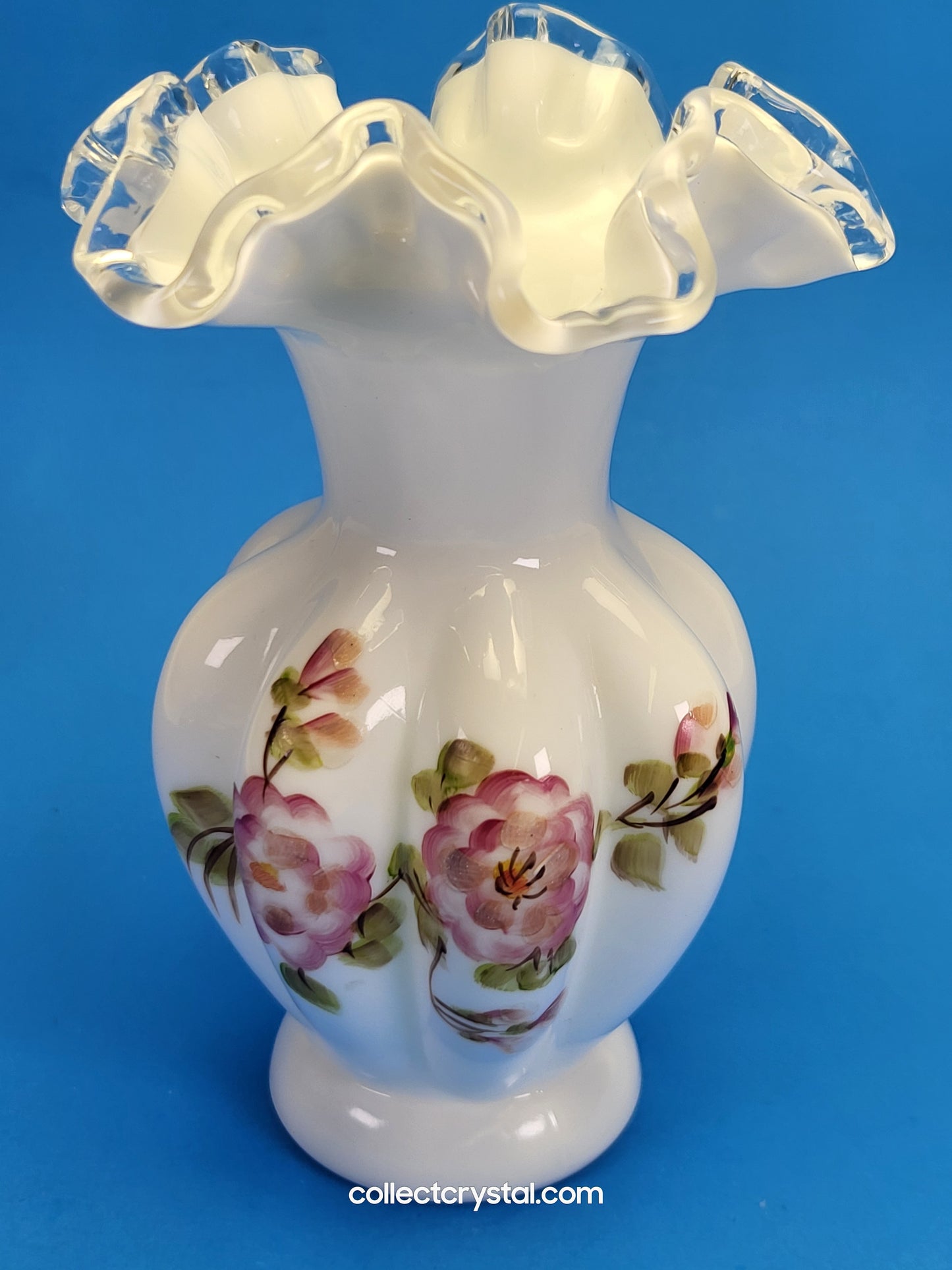 Fenton Silver Crest hand painted milk glass ruffled vase