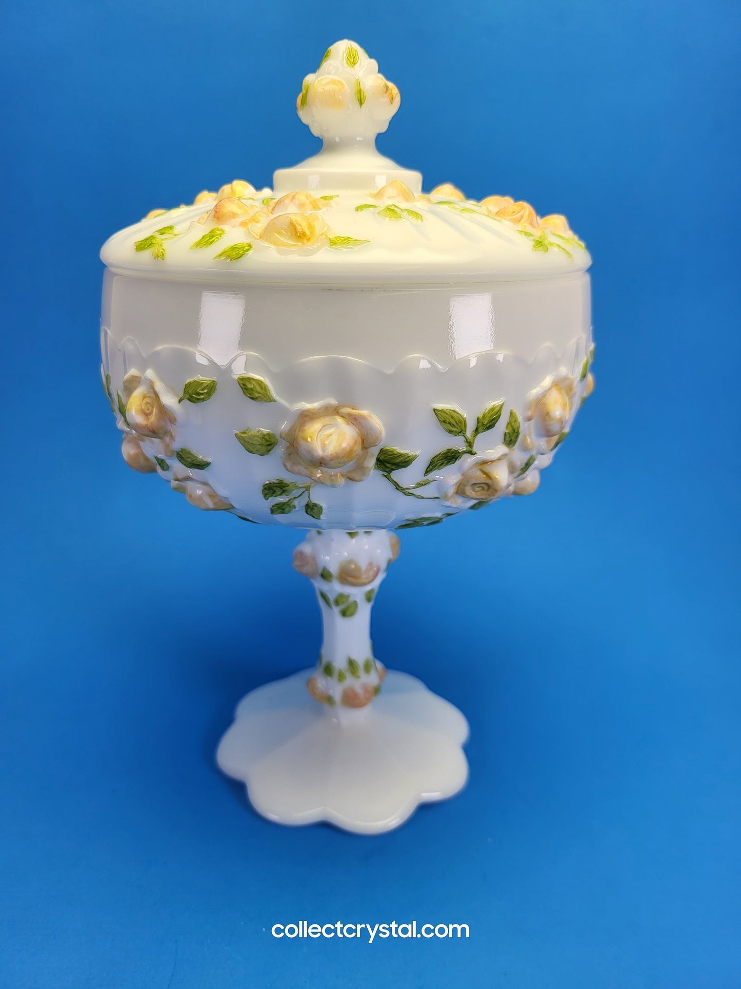 Fenton milk glass hand painted candy dish with lid