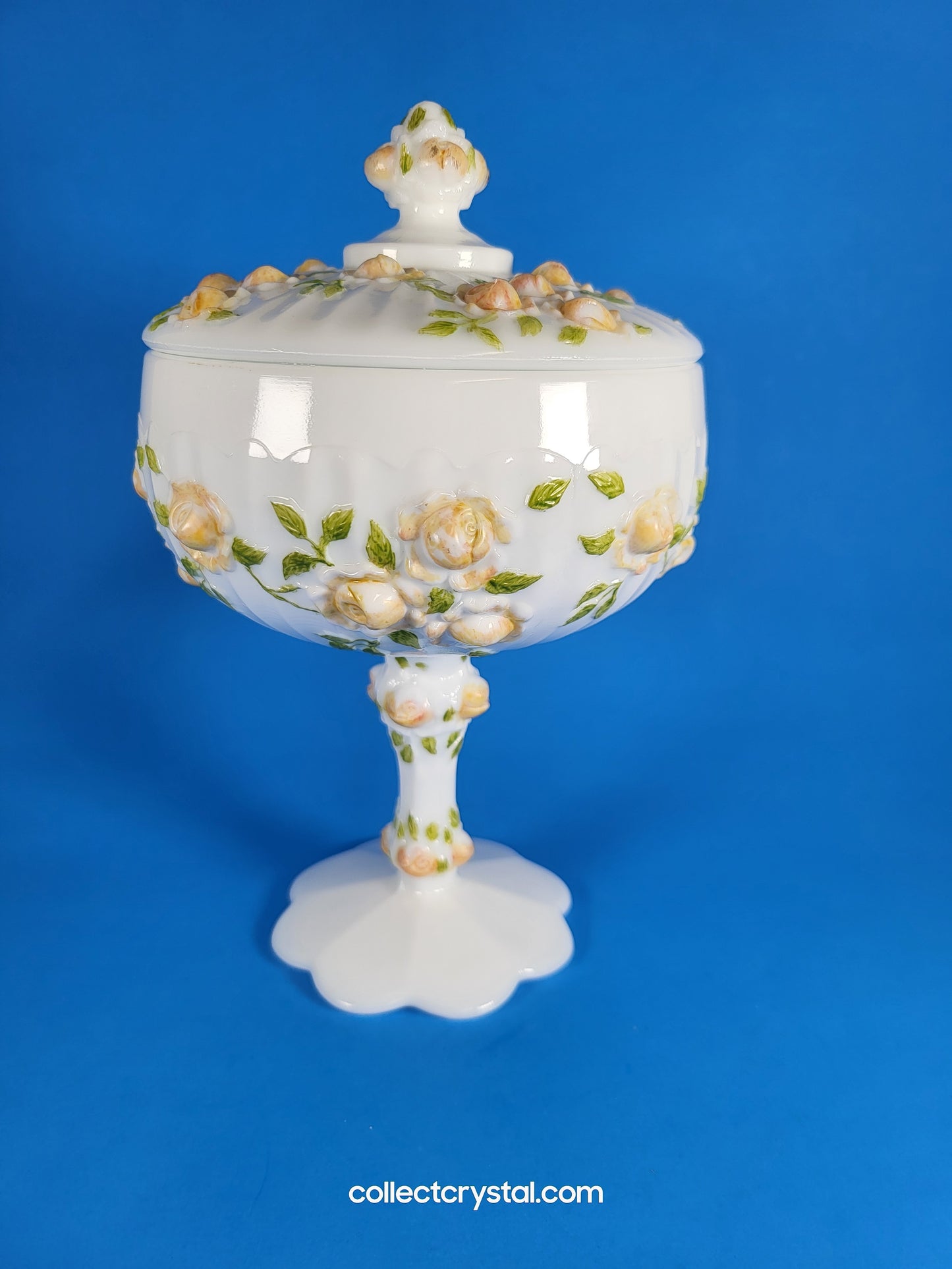 Fenton milk glass hand painted candy dish with lid