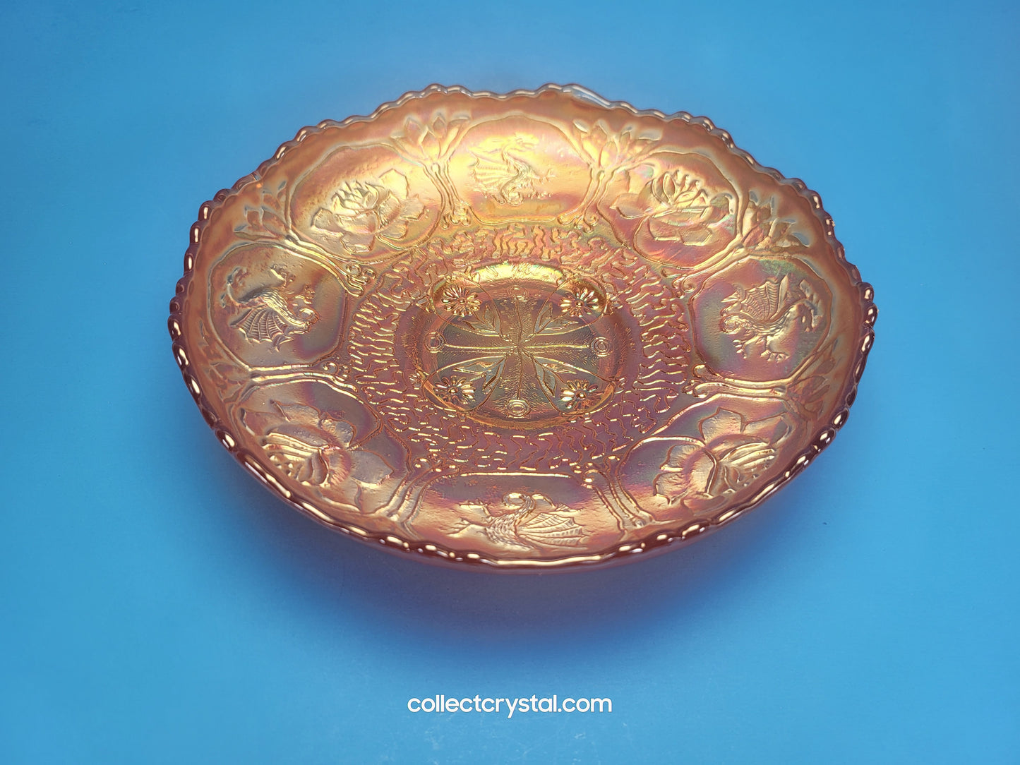 Fenton Carnival Glass Orange Dragon and Lotus Bowl