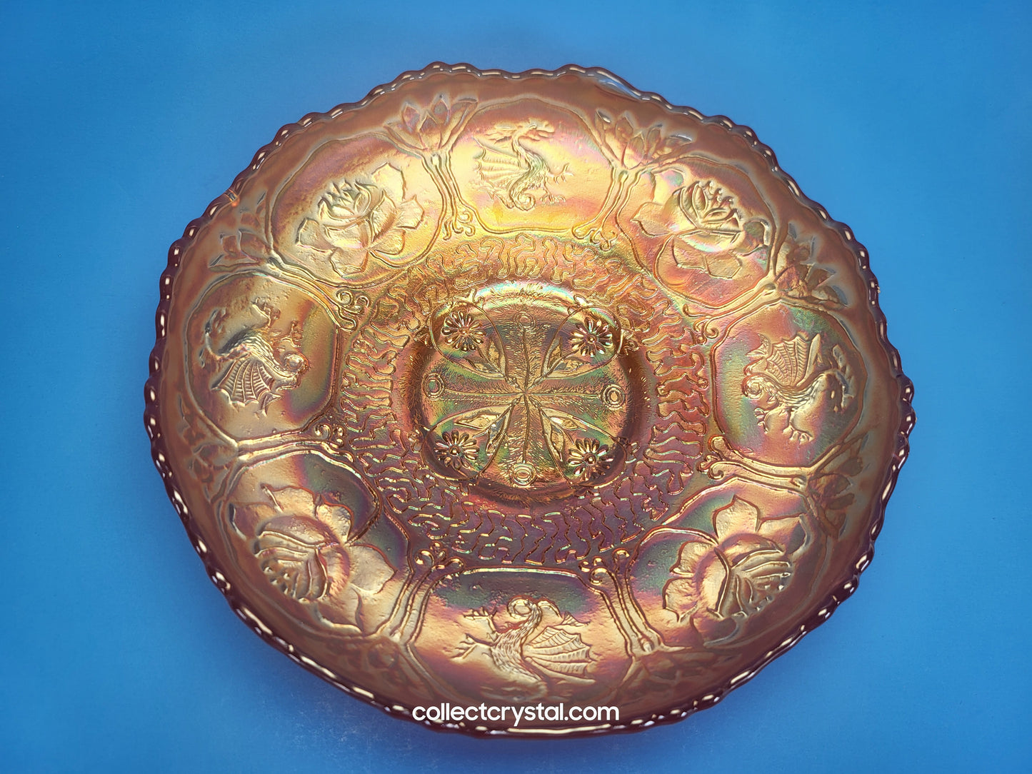 Fenton Carnival Glass Orange Dragon and Lotus Bowl
