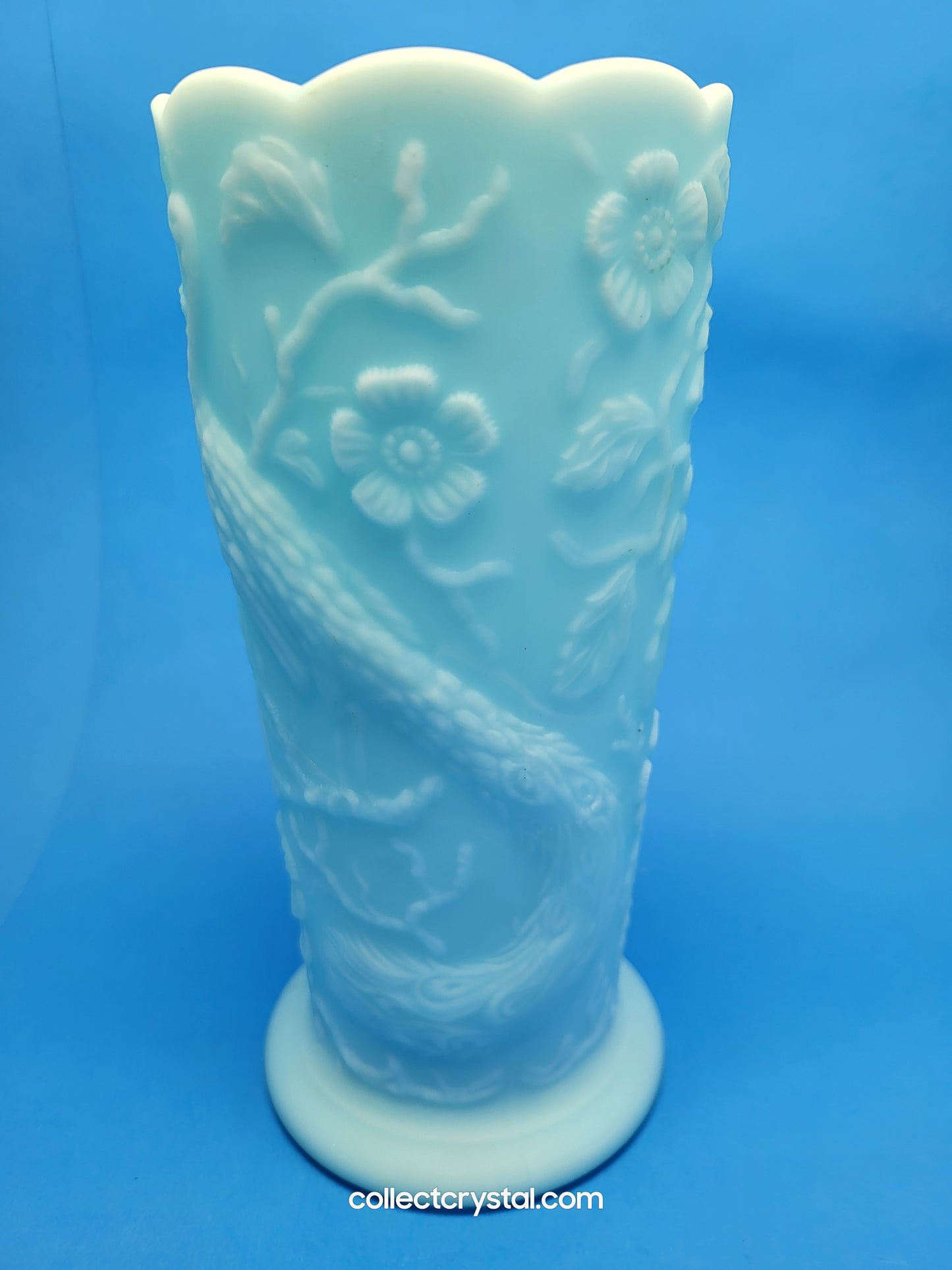 Fenton Blue Satin Milk Glass Peacock Vase Embossed Flowers Aqua 8"
