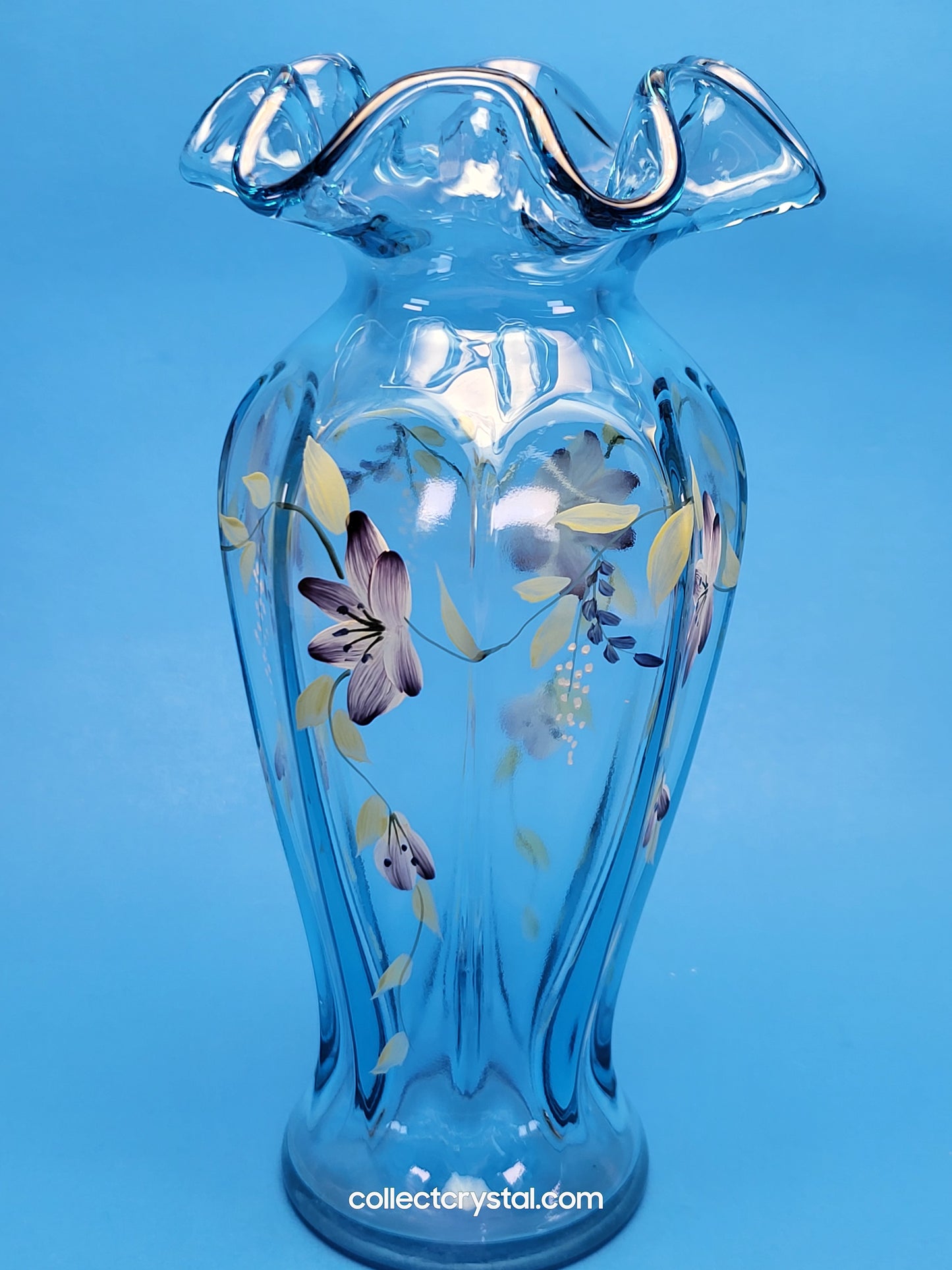 Fenton Blue Ruffled Vase Hand Painted by V. Williams