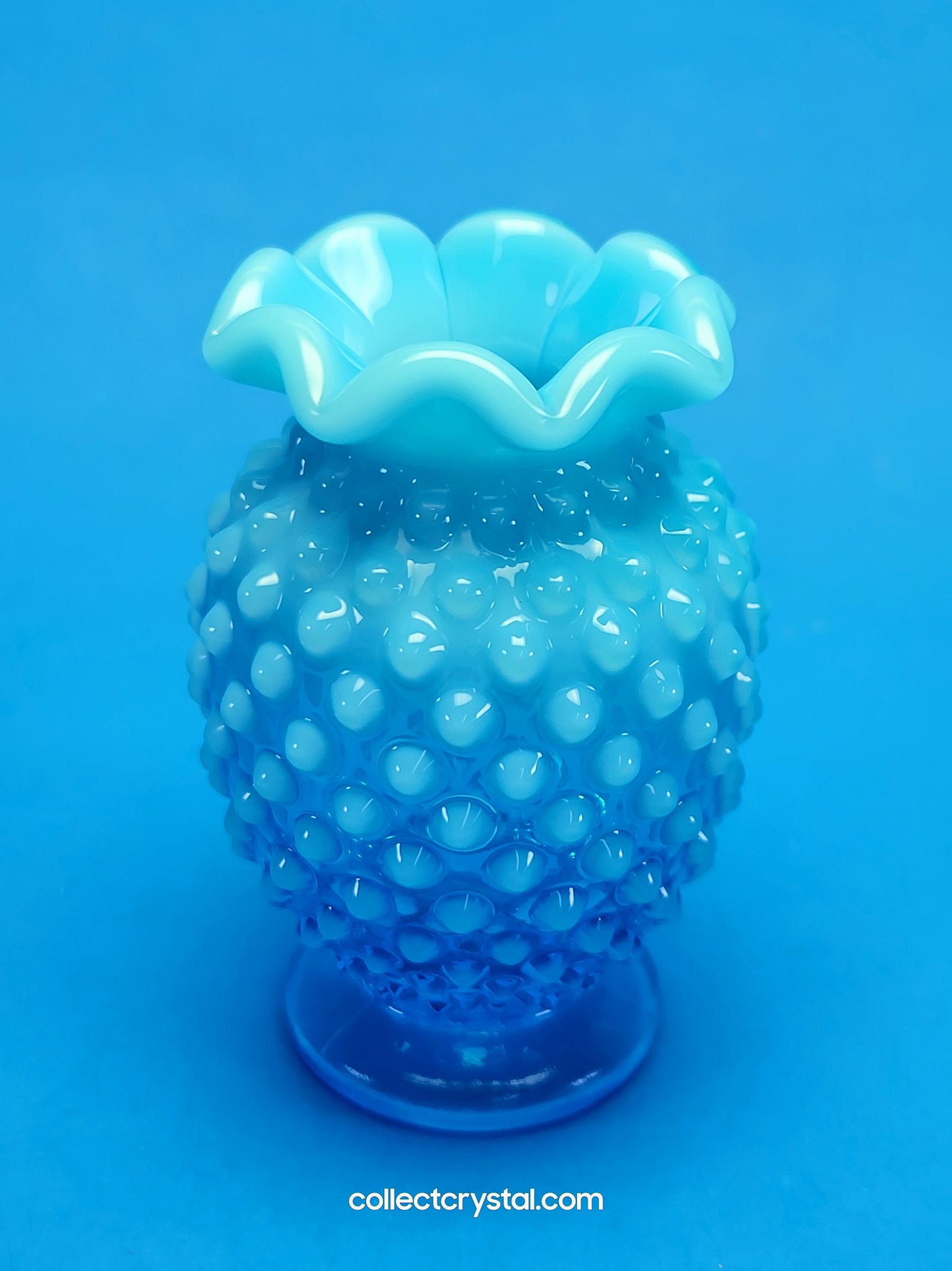 Fenton Blue Opalescent Glass Hobnail Mini Miniature Vase w/ ruffled Top