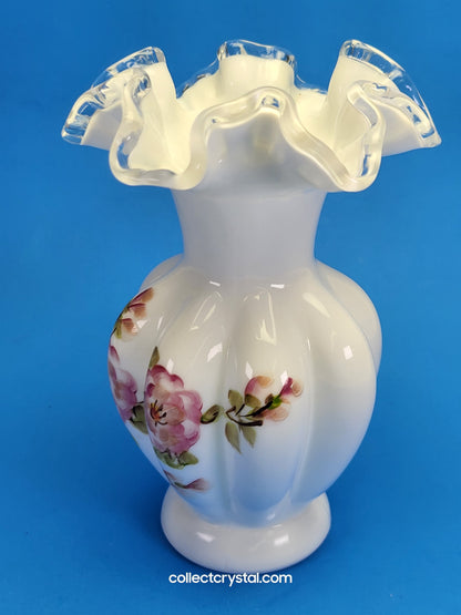 Fenton Silver Crest hand painted milk glass ruffled vase