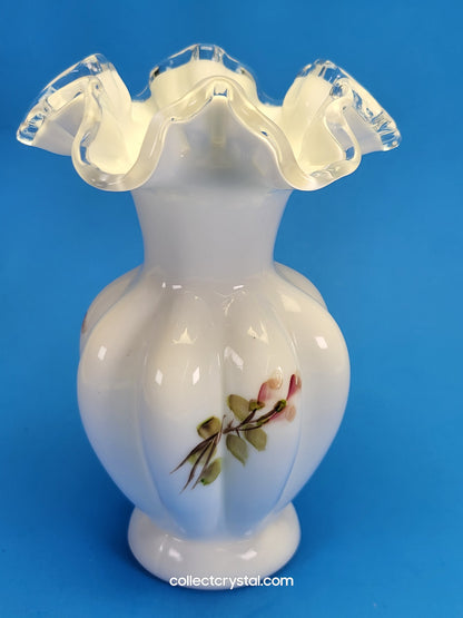 Fenton Silver Crest hand painted milk glass ruffled vase