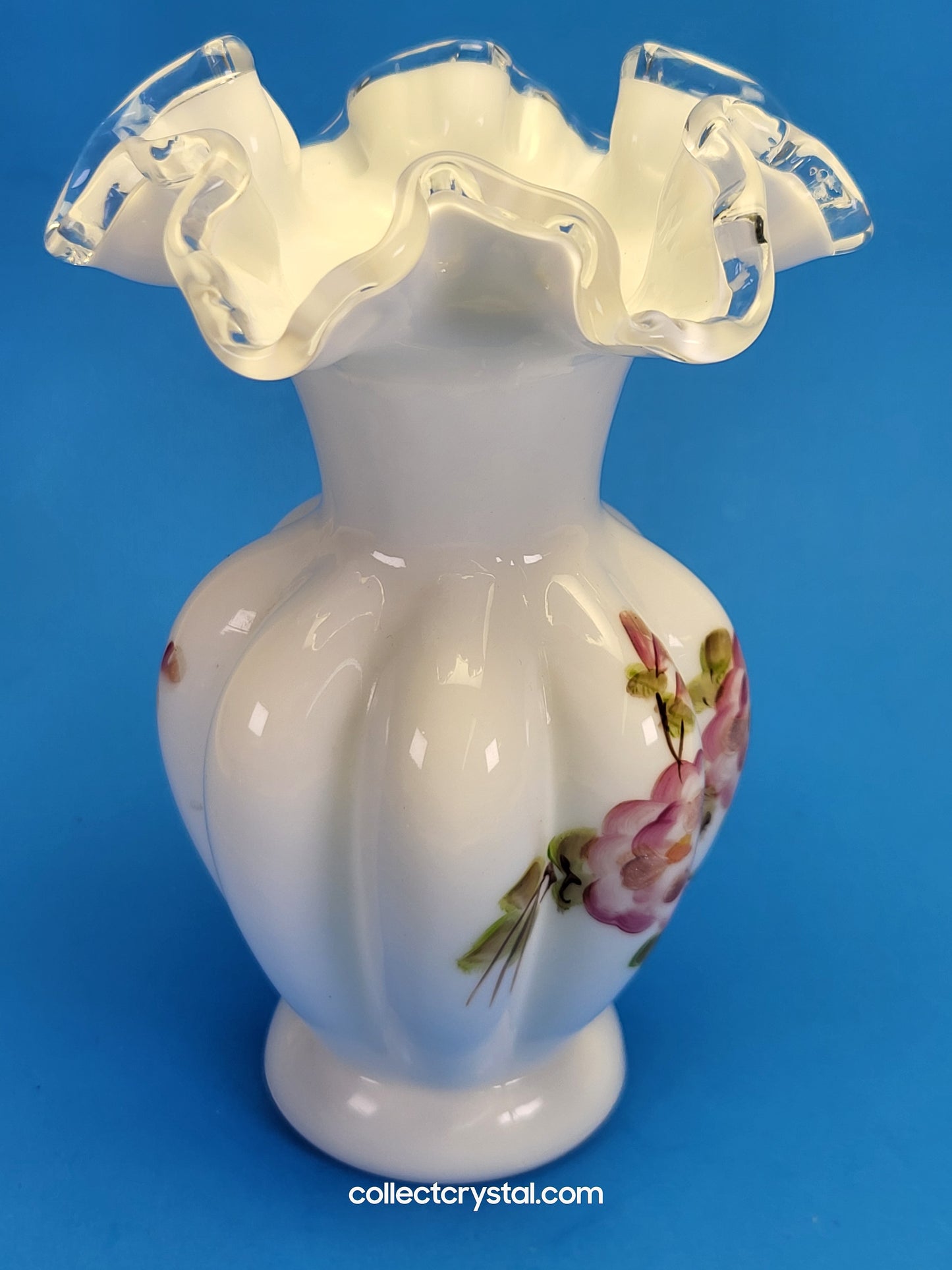 Fenton Silver Crest hand painted milk glass ruffled vase