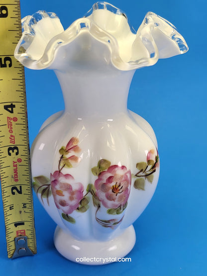 Fenton Silver Crest hand painted milk glass ruffled vase