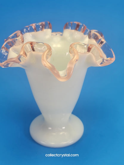Fenton 4 1/2 milk glass pink ruffled crest vase