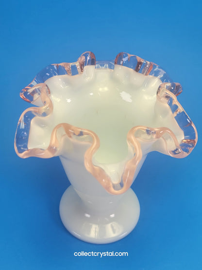 Fenton 4 1/2 milk glass pink ruffled crest vase
