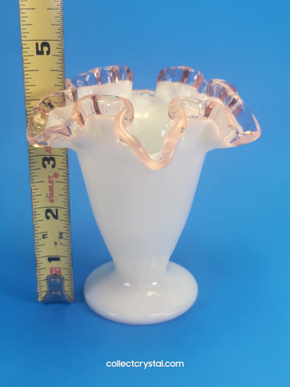 Fenton 4 1/2 milk glass pink ruffled crest vase