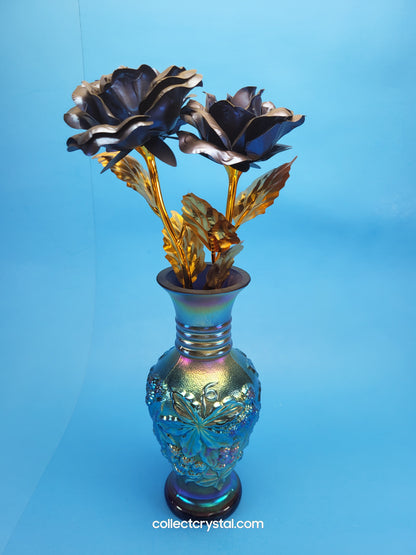 Fenton Favrene Loganberry Blue Carnival Glass Signed G. Fenton Vase