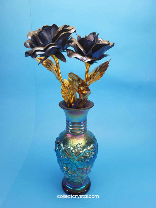 Fenton Favrene Loganberry Blue Carnival Glass Signed G. Fenton Vase