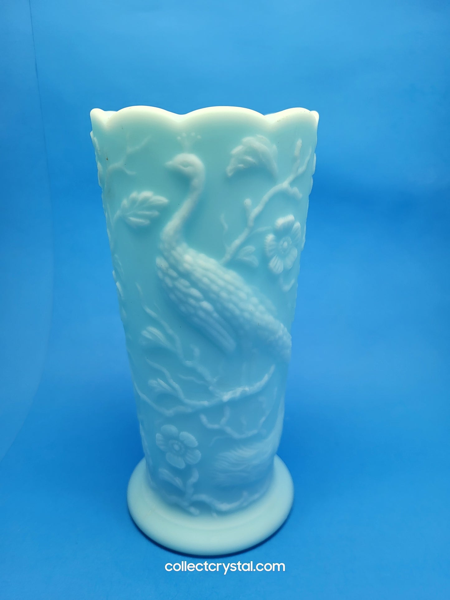 Fenton Blue Satin Milk Glass Peacock Vase Embossed Flowers Aqua 8"