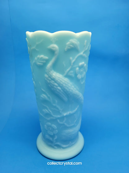 Fenton Blue Satin Milk Glass Peacock Vase Embossed Flowers Aqua 8"