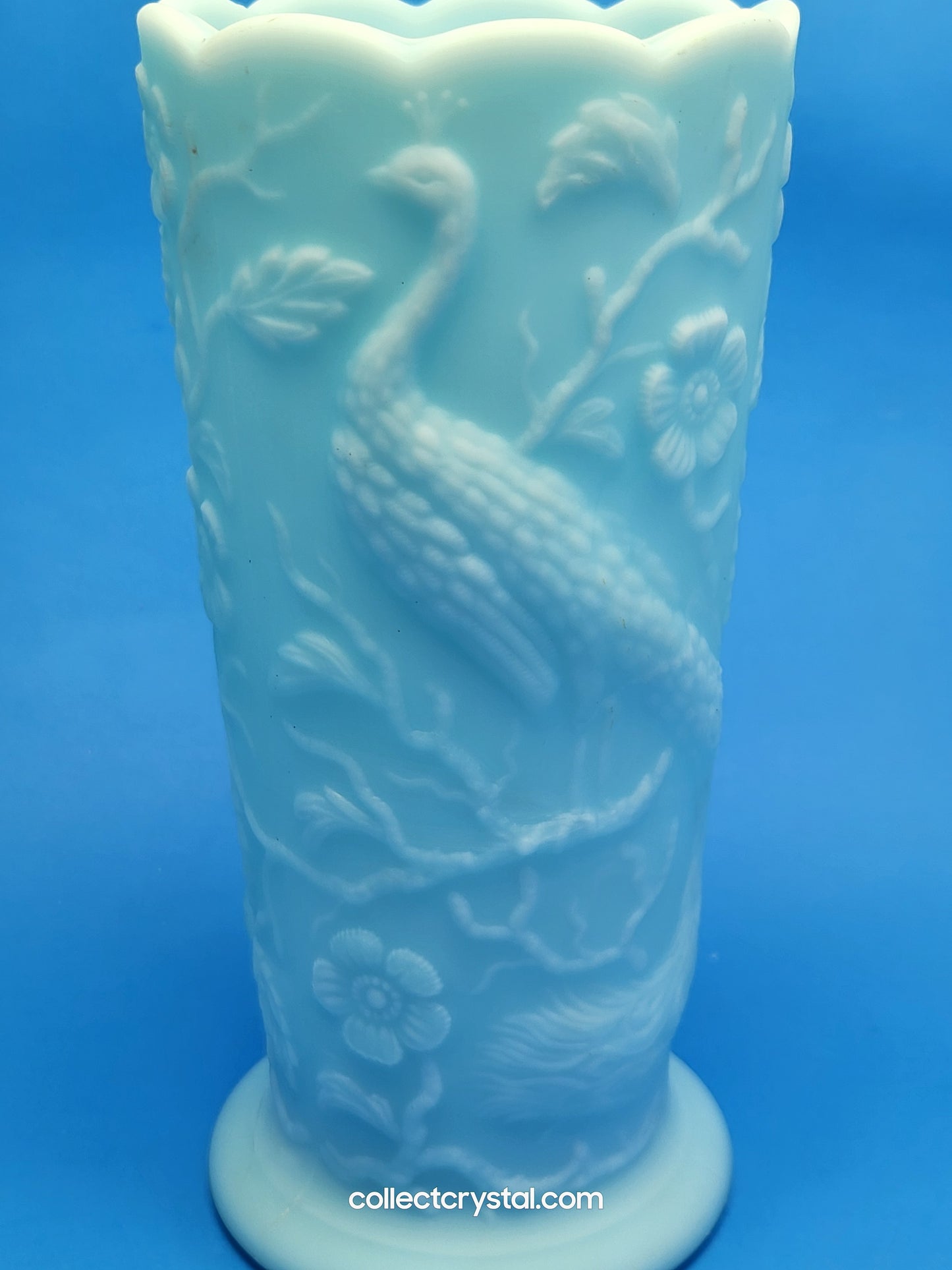 Fenton Blue Satin Milk Glass Peacock Vase Embossed Flowers Aqua 8"
