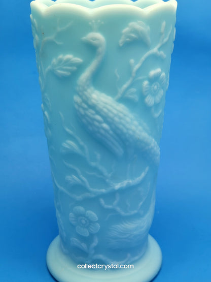 Fenton Blue Satin Milk Glass Peacock Vase Embossed Flowers Aqua 8"