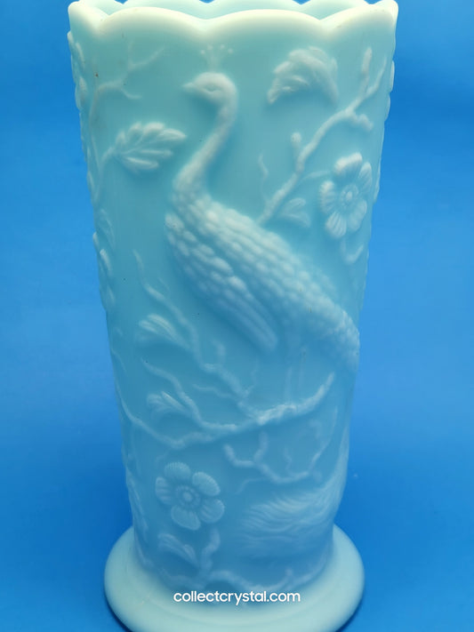 Fenton Blue Satin Milk Glass Peacock Vase Embossed Flowers Aqua 8"