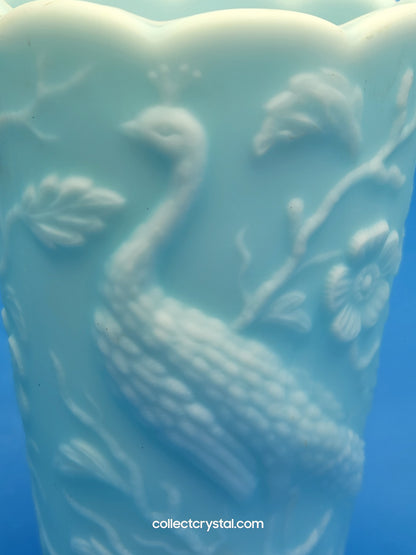 Fenton Blue Satin Milk Glass Peacock Vase Embossed Flowers Aqua 8"