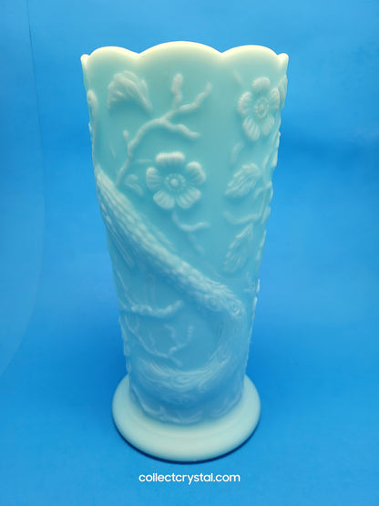 Fenton Blue Satin Milk Glass Peacock Vase Embossed Flowers Aqua 8"