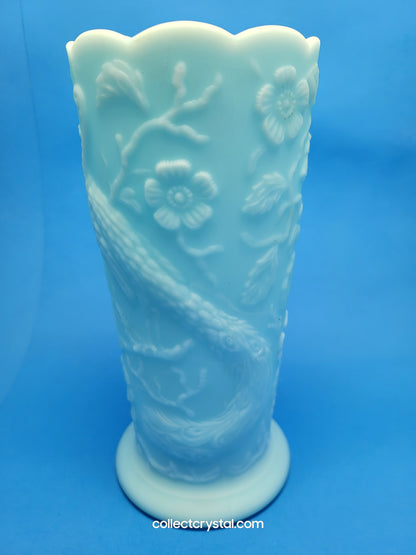 Fenton Blue Satin Milk Glass Peacock Vase Embossed Flowers Aqua 8"