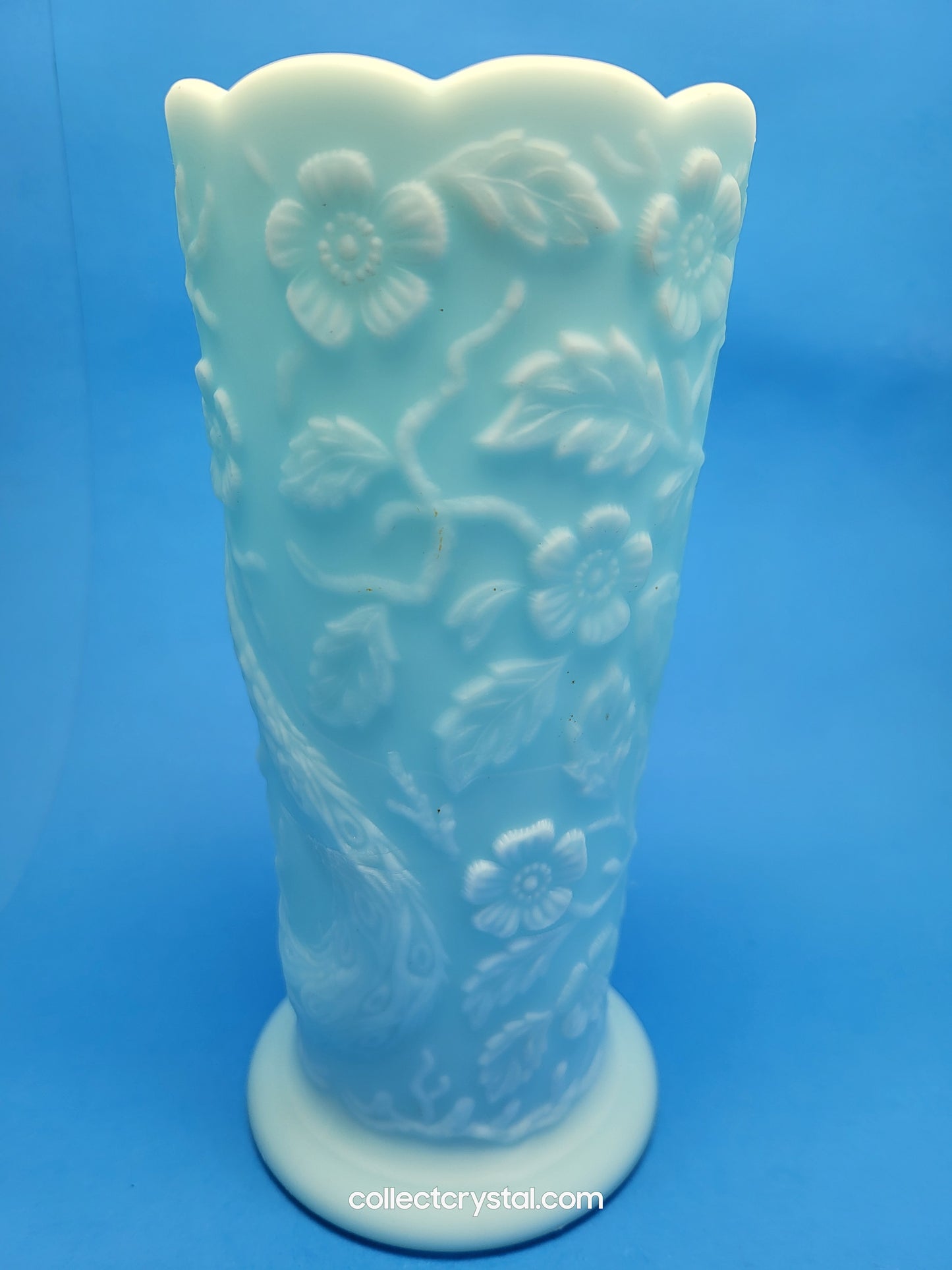 Fenton Blue Satin Milk Glass Peacock Vase Embossed Flowers Aqua 8"