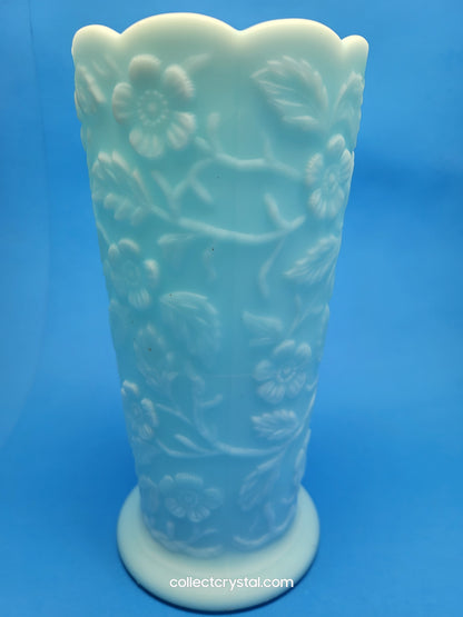 Fenton Blue Satin Milk Glass Peacock Vase Embossed Flowers Aqua 8"