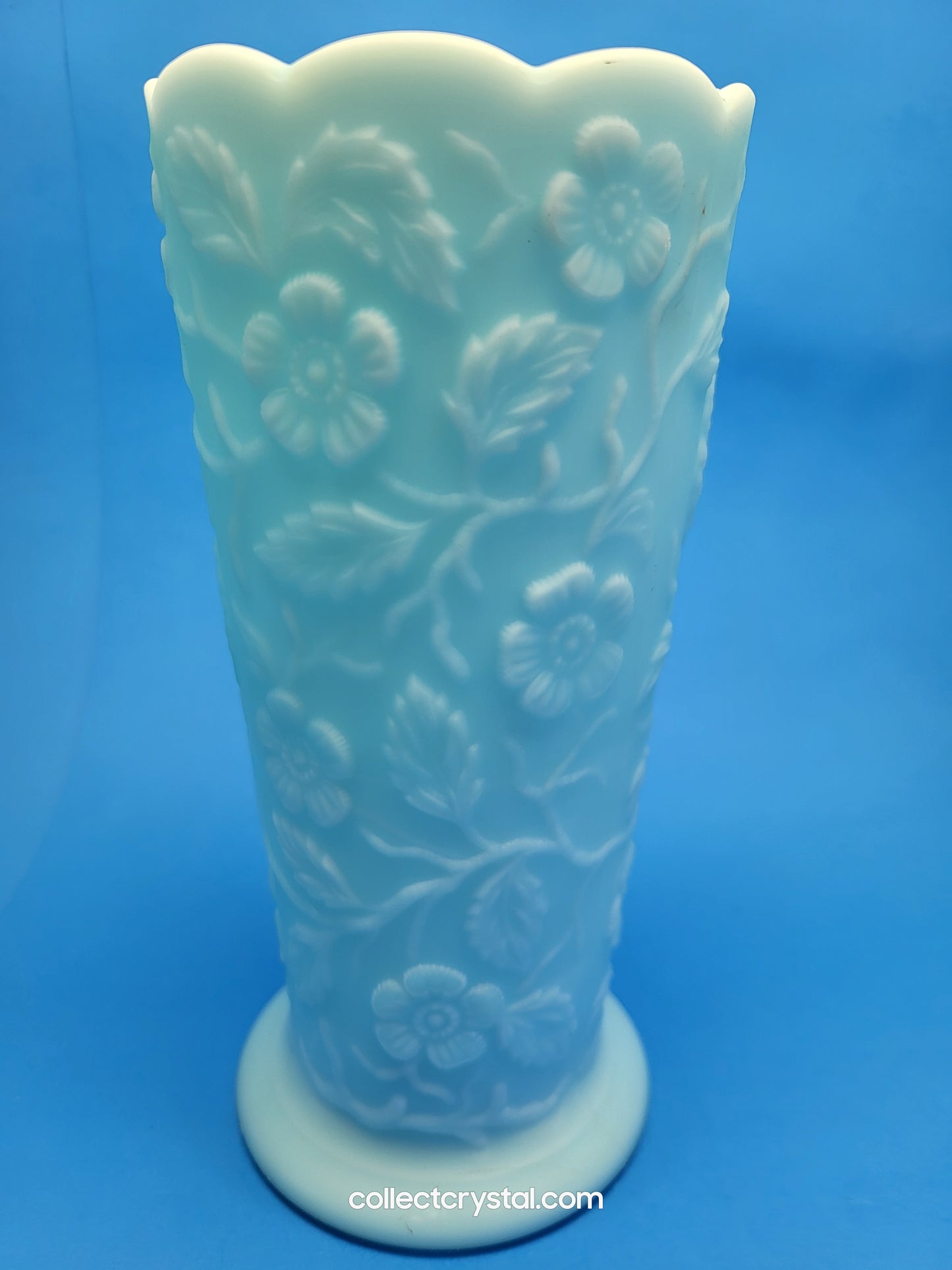 Fenton Blue Satin Milk Glass Peacock Vase Embossed Flowers Aqua 8"