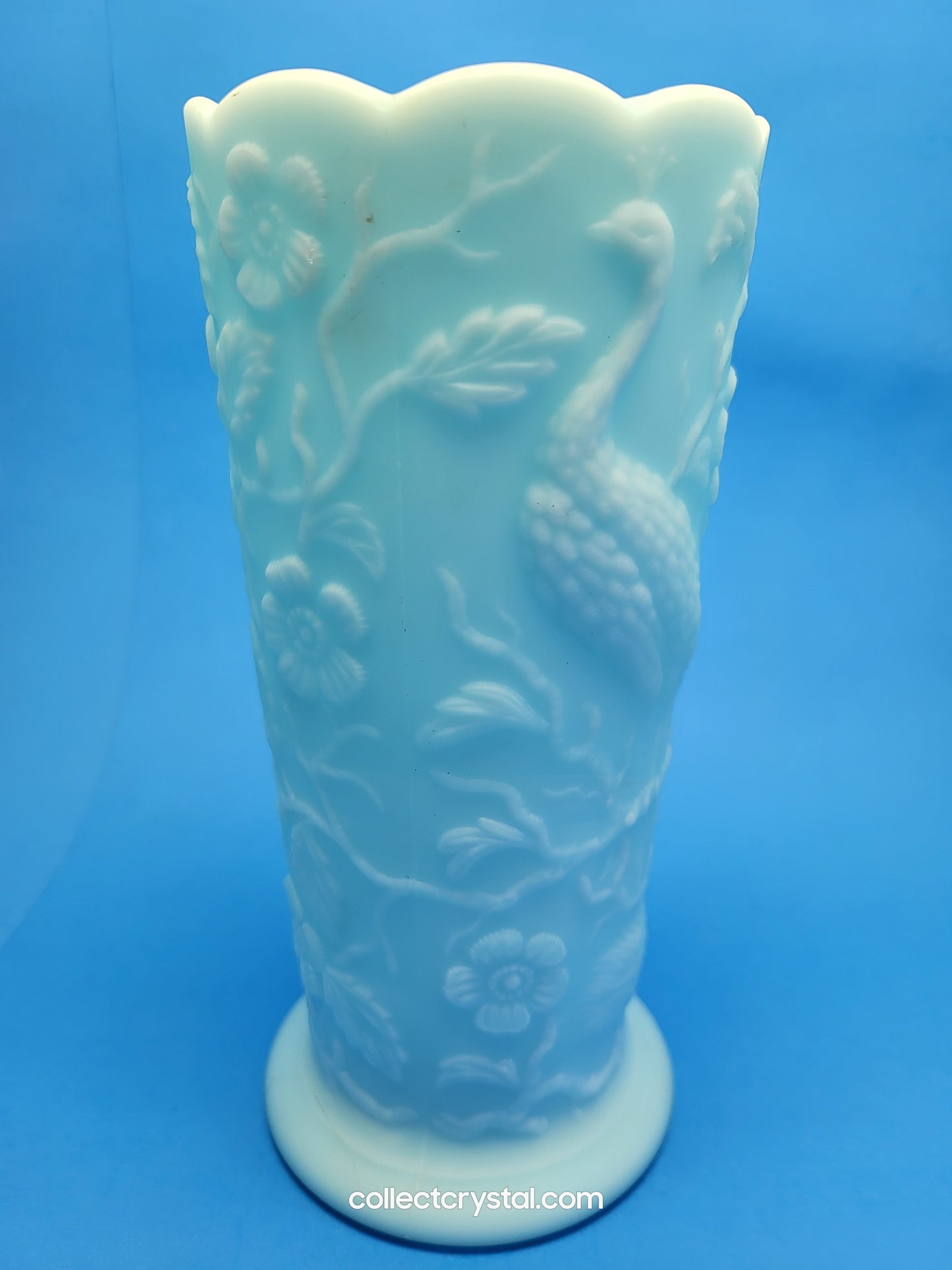 Fenton Blue Satin Milk Glass Peacock Vase Embossed Flowers Aqua 8"