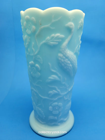 Fenton Blue Satin Milk Glass Peacock Vase Embossed Flowers Aqua 8"