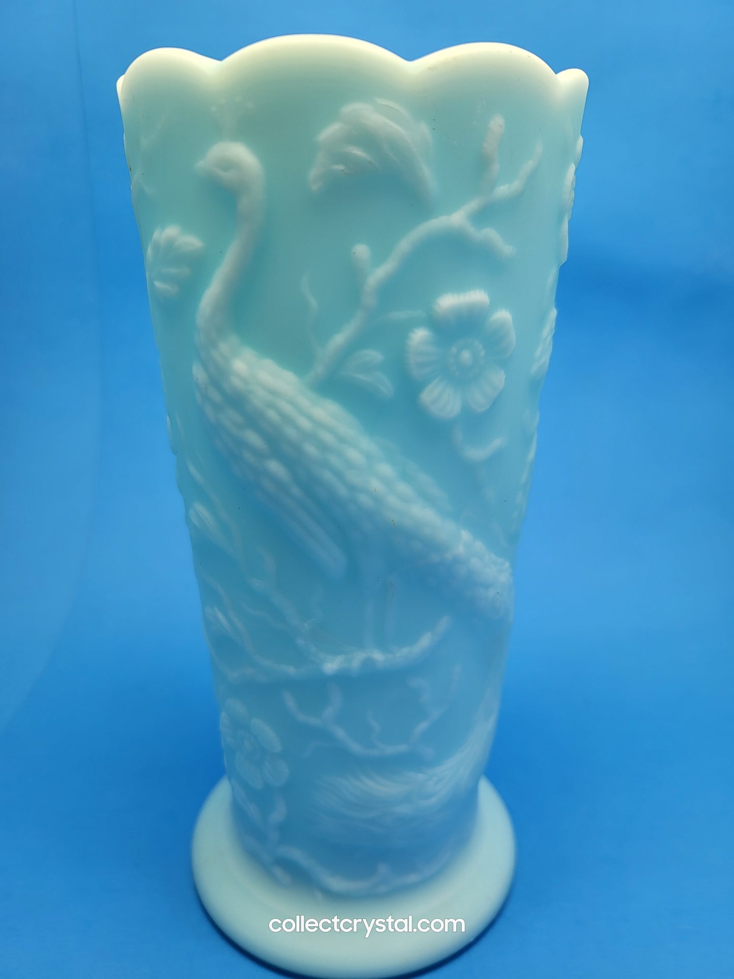 Fenton Blue Satin Milk Glass Peacock Vase Embossed Flowers Aqua 8"