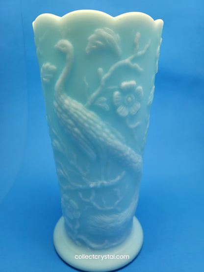 Fenton Blue Satin Milk Glass Peacock Vase Embossed Flowers Aqua 8"