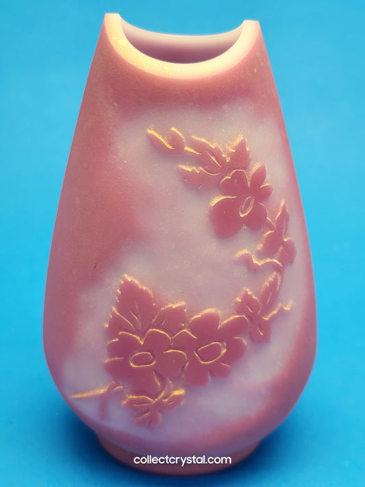 Fenton Glass Rose Quartz Sandcarved Bud Vase w Flowers 5" LE 129/2000