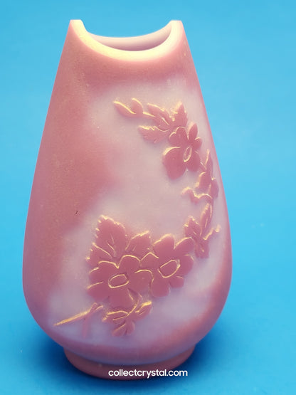 Fenton Glass Rose Quartz Sandcarved Bud Vase w Flowers 5" LE 129/2000