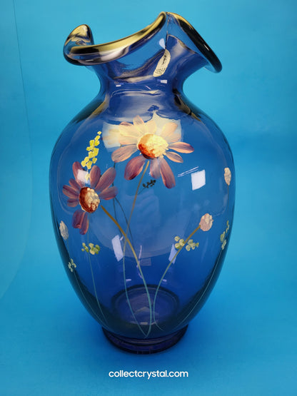 FENTON Ruffled Purple Amethyst 10" Glass Vase, Hand Painted Floral Modern