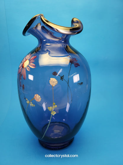 FENTON Ruffled Purple Amethyst 10" Glass Vase, Hand Painted Floral Modern