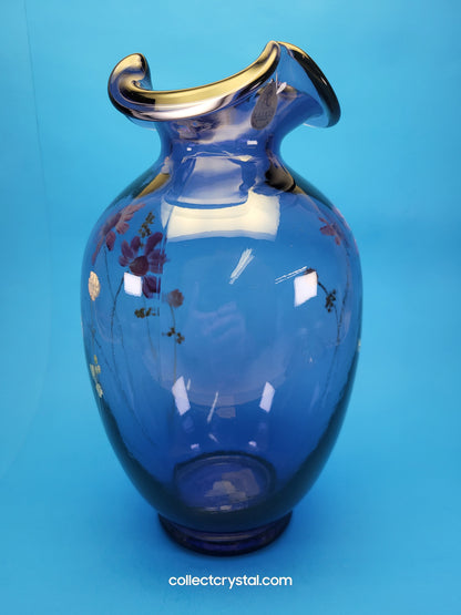 FENTON Ruffled Purple Amethyst 10" Glass Vase, Hand Painted Floral Modern
