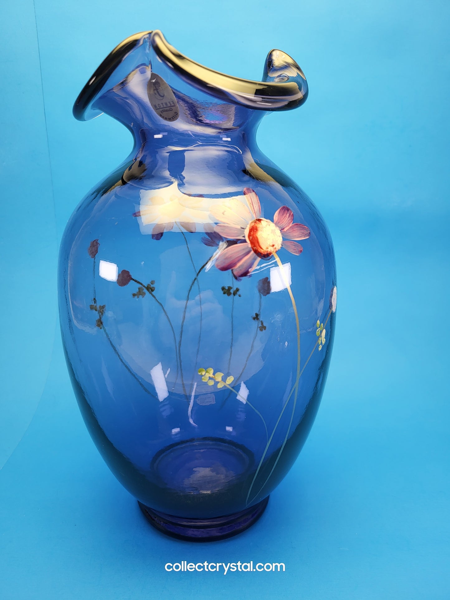 FENTON Ruffled Purple Amethyst 10" Glass Vase, Hand Painted Floral Modern