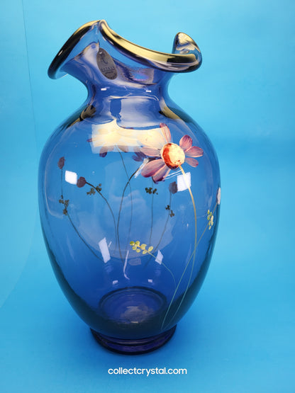 FENTON Ruffled Purple Amethyst 10" Glass Vase, Hand Painted Floral Modern