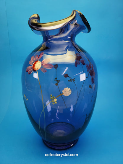 FENTON Ruffled Purple Amethyst 10" Glass Vase, Hand Painted Floral Modern