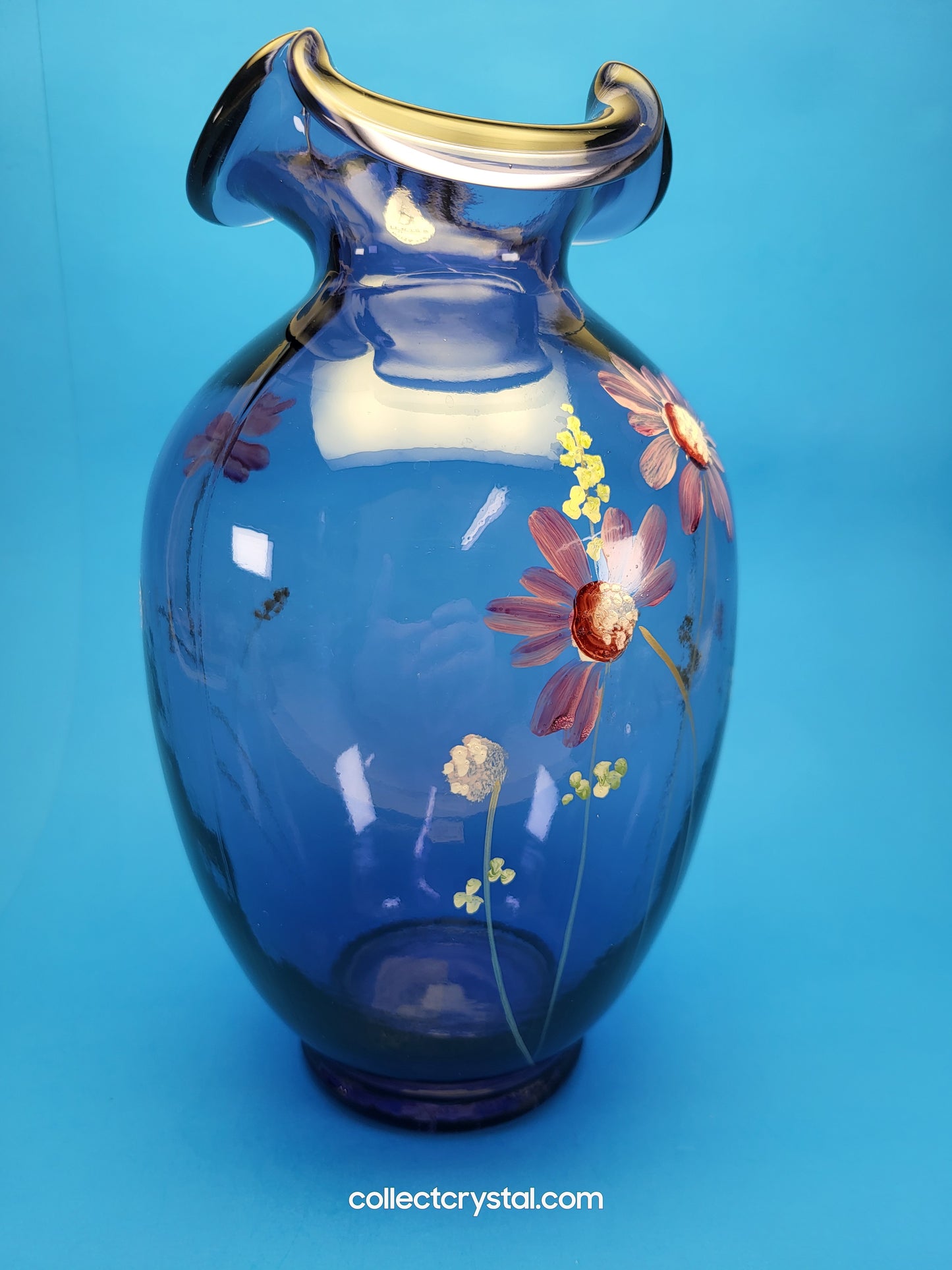 FENTON Ruffled Purple Amethyst 10" Glass Vase, Hand Painted Floral Modern