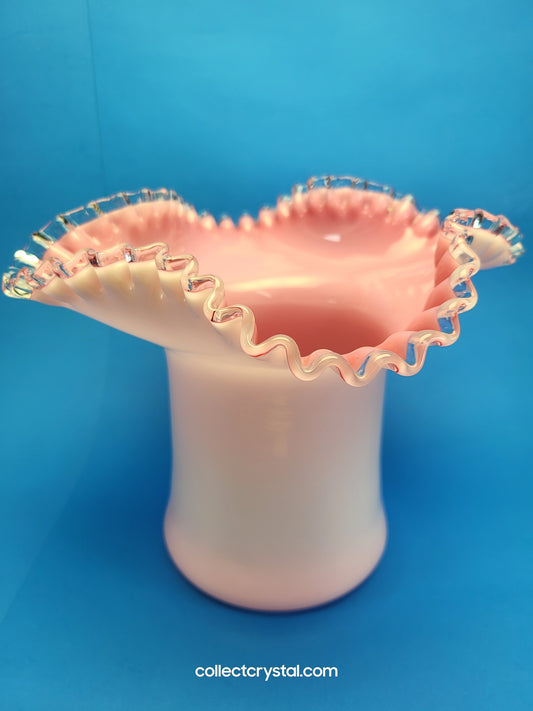 Fenton Pink Peach 5" Crest Ruffled Milk Glass HAT Vase
