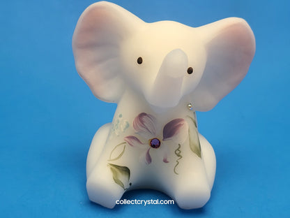 Fenton Satin Soft Pink & White Elephant Hand Painted flower Signed C. Smith adorned with swarovski crystal