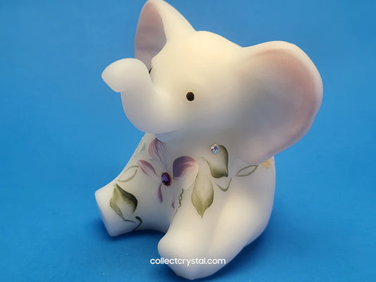 Fenton Satin Soft Pink & White Elephant Hand Painted flower Signed C. Smith adorned with swarovski crystal