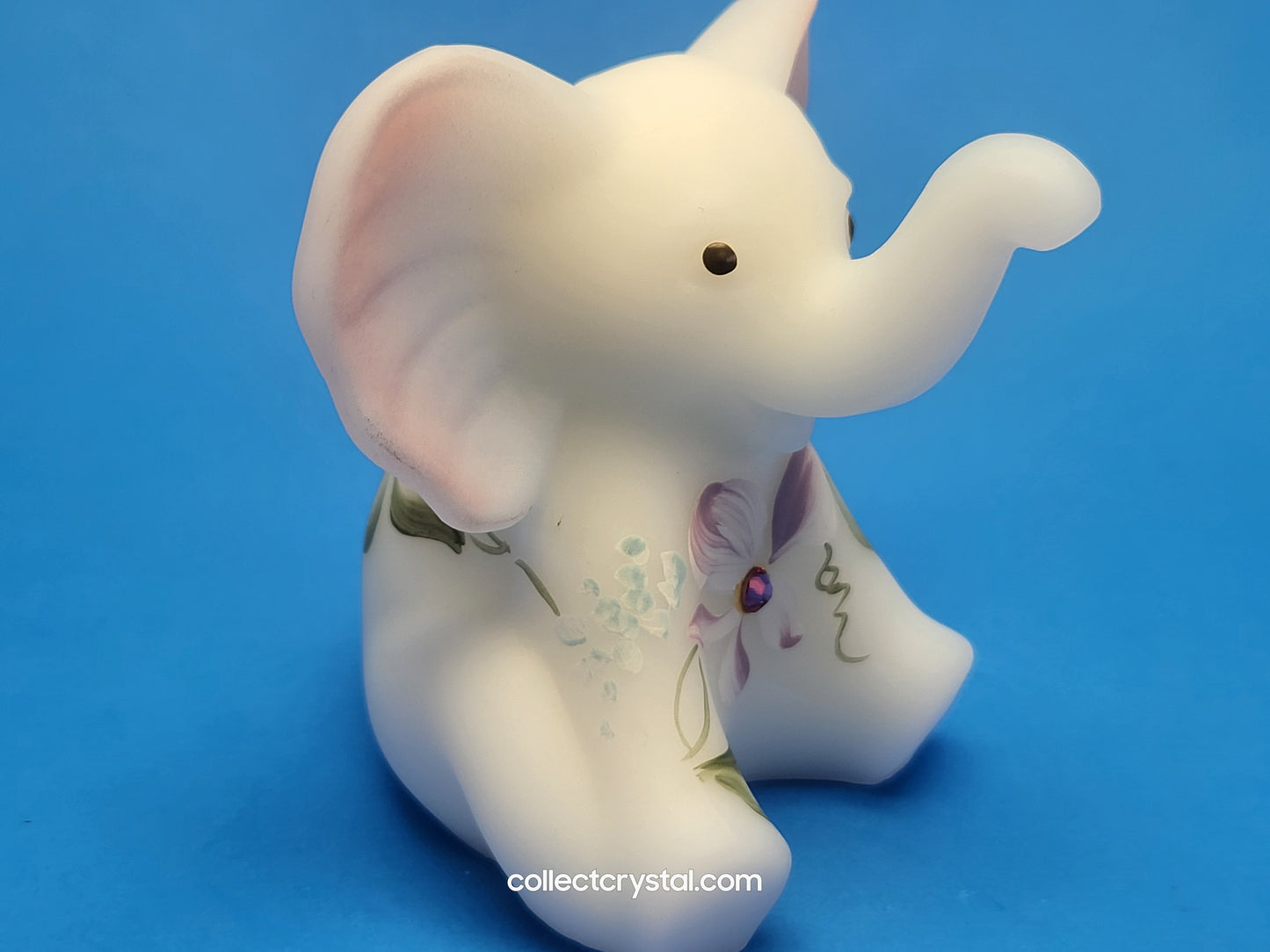 Fenton Satin Soft Pink & White Elephant Hand Painted flower Signed C. Smith adorned with swarovski crystal