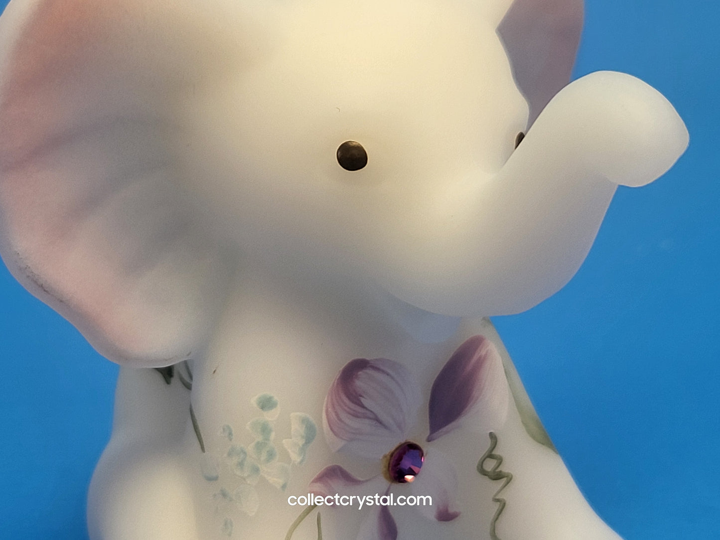 Fenton Satin Soft Pink & White Elephant Hand Painted flower Signed C. Smith adorned with swarovski crystal