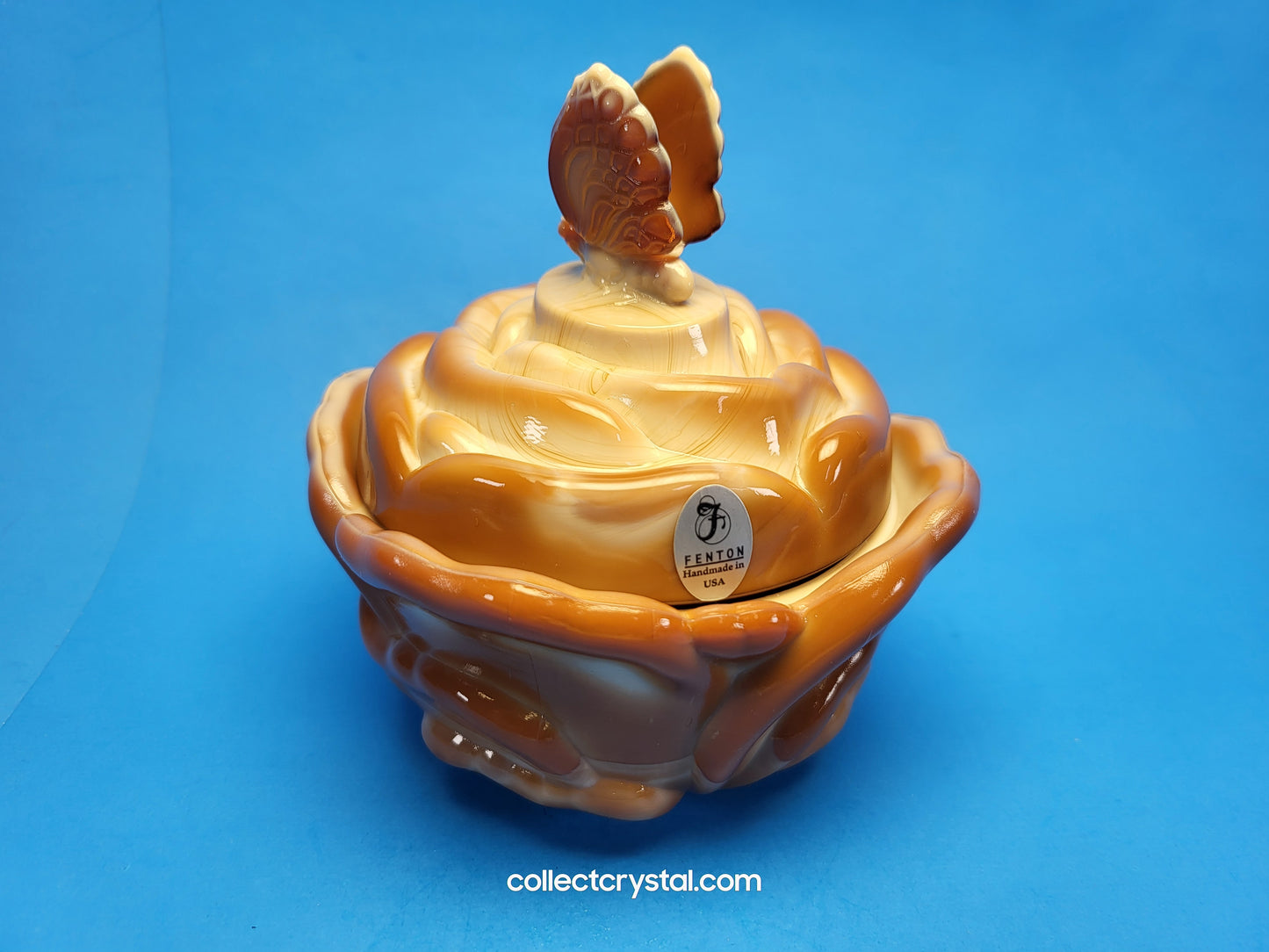 Fenton Chocolate Slag Bon Bon Candy rose petal Dish with butterfly finial lid