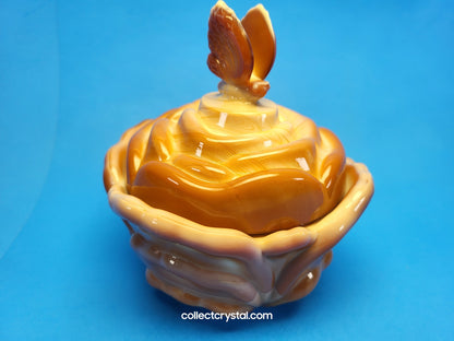 Fenton Chocolate Slag Bon Bon Candy rose petal Dish with butterfly finial lid