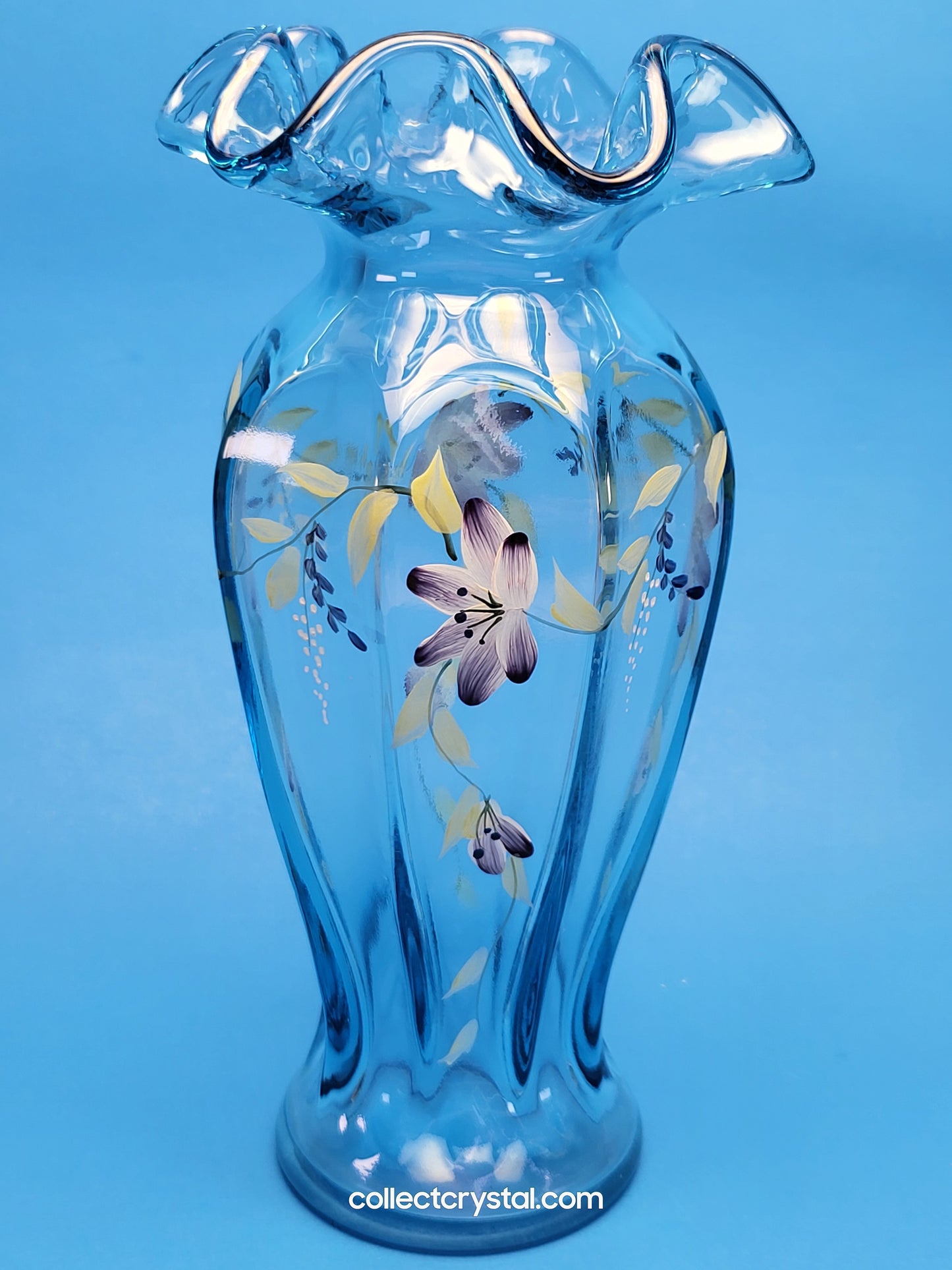 Fenton Blue Ruffled Vase Hand Painted by V. Williams
