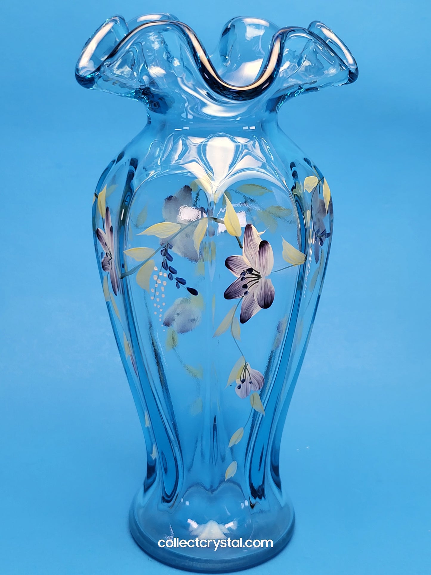 Fenton Blue Ruffled Vase Hand Painted by V. Williams